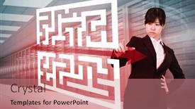  Presentation with server room - Amazing PPT theme having focused businesswoman pointing against server room backdrop and a coral colored foreground