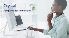  Presentation with business office desk - Audience pleasing presentation consisting of focused businesswoman working at desk backdrop and a sky blue colored foreground