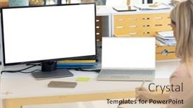  Presentation with business casual - PPT layouts having focused-casual-caucasian-businesswoman-using background and a lemonade colored foreground