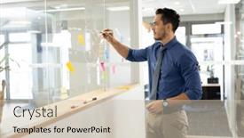  Presentation with corporation - Presentation design with focused-caucasian-man-working background and a soft green colored foreground