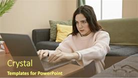  Presentation with laptop - Presentation design having focused-caucasian-woman-using and a coral colored foreground