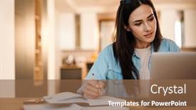  Presentation with writing notes - Colorful slides enhanced with focused-charming-woman-writing-down backdrop and a tawny brown colored foreground