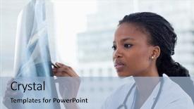  Presentation with black female - Slide set featuring focused female doctor looking background and a light blue colored foreground