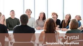  Presentation with round table - Colorful PPT layouts enhanced with focused-group-of-young-people backdrop and a tawny brown colored foreground