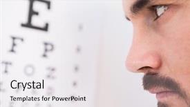  Presentation with white letters - Amazing PPT theme having focused man on eye test letters on white background backdrop and a white colored foreground