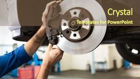  Presentation with mechanic repair - Slides with focused mechanic adjusting the wheel at the repair garage background and a tawny brown colored foreground