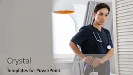  Presentation with medical - Colorful PPT theme enhanced with focused-mid-woman-doctor backdrop and a light gray colored foreground