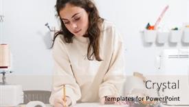  Presentation with writing - Cool new PPT theme with focused-nice-brunette-girl-seamstress backdrop and a lemonade colored foreground