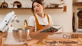  Presentation with pastry chef - PPT theme featuring focused-pastry-chef-woman-writing background and a coral colored foreground
