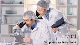  Presentation with medical assistant - PPT theme with focused-scientist-in-safety-goggles background and a light gray colored foreground