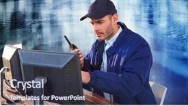  Presentation with security officer - Beautiful PPT theme featuring focused security officer looking observing backdrop and a ocean colored foreground