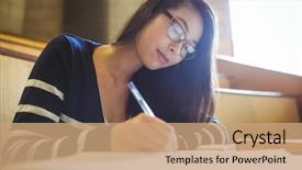  Presentation with student writing - Amazing presentation design having focused student writing on notebook backdrop and a coral colored foreground