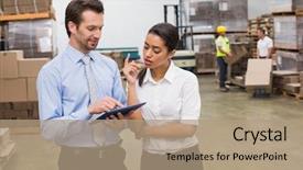  Presentation with managers - Presentation design having focused warehouse managers working together in a large warehouse background and a coral colored foreground