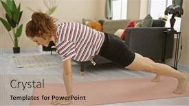 Presentation with exercise-mat - PPT theme enhanced with focused-woman-practices-a-plank and a coral colored foreground