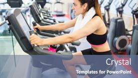  Presentation with exercise bike - PPT theme with focused woman using the exercise bike at the gym background and a ocean colored foreground