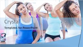  Presentation with kneeling - Colorful presentation design enhanced with focused women doing head exercise while kneeling in fitness studio backdrop and a light blue colored foreground