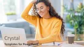  Presentation with young - Slide set with focused-young-businesswoman-studying-online background and a coral colored foreground