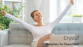  Presentation with podcast - Cool new slide deck with focused-young-businesswoman-studying-online backdrop and a coral colored foreground