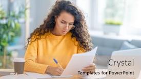  Presentation with podcast - Audience pleasing PPT theme consisting of focused-young-businesswoman-studying-online backdrop and a coral colored foreground