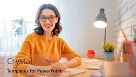  Presentation with podcast - Beautiful slide set featuring focused-young-businesswoman-studying-online backdrop and a gold colored foreground