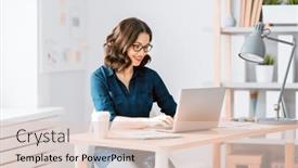  Presentation with podcast - Beautiful presentation theme featuring focused-young-businesswoman-studying-online backdrop and a lemonade colored foreground