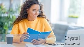  Presentation with podcast - PPT theme consisting of focused-young-businesswoman-studying-online background and a light blue colored foreground