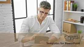  Presentation with work - Presentation theme with focused-young-caucasian-business-worker and a coral colored foreground