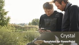  Presentation with smartphone app - Presentation design enhanced with focused-young-motorcyclists-checking-location background and a tawny brown colored foreground