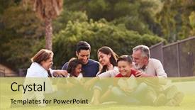  Presentation with generation - Colorful slide set enhanced with focusing - happy three generation hispanic family backdrop and a yellow colored foreground