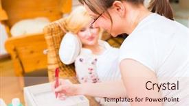  Presentation with midwife - Presentation theme consisting of foetus - midwife examination belly of pregnant background and a lemonade colored foreground