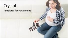  Presentation with ultrasound - Slide deck with foetus - young beautiful happy pregnant woman background and a sky blue colored foreground