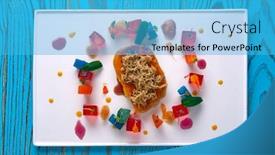  Presentation with foie - Presentation theme with foie slice with grated white truffle and colorful jelly decoration background and a teal colored foreground
