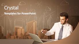  Presentation with buildings - Beautiful PPT theme featuring folder structure - businessman sitting at the black backdrop and a  colored foreground