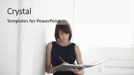  Presentation with paperwork - Theme with folder structure - young businesswoman with paperwork background and a white colored foreground