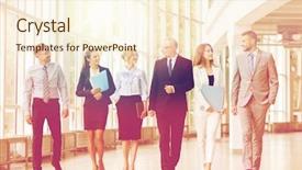  Presentation with facts and myths concept word - Slide deck enhanced with folders walking along office building background and a cream colored foreground