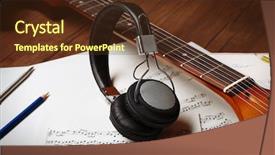  Presentation with music notes - Cool new theme with folk art songs - electric guitar and headphones backdrop and a tawny brown colored foreground
