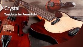  Presentation with electric guitar - PPT layouts having folk art songs - electric guitar violin and headphones background and a tawny brown colored foreground
