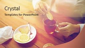  Presentation with traditional medicine medicine - Audience pleasing PPT theme consisting of health traditional medicine and ethnoscience concept - close up of woman adding lemon to tea cup backdrop and a blonde colored foreground