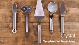  Presentation with kitchen utensils - PPT theme featuring crockery steel - metal kitchen utensils on table background and a coral colored foreground
