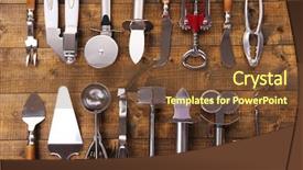  Presentation with kitchen utensils - Slide set enhanced with metal kitchen utensils on table background and a tawny brown colored foreground
