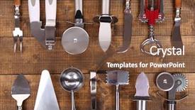  Presentation with kitchen utensils - PPT layouts having metal kitchen utensils on table background and a tawny brown colored foreground