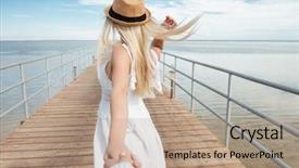  Presentation with hat - Presentation theme featuring follow me attractive young woman background and a coral colored foreground