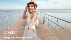  Presentation with hat - Colorful presentation theme enhanced with follow me cheerful young woman backdrop and a coral colored foreground