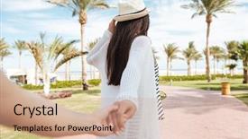  Presentation with follow us - Presentation design with follow me pretty young woman background and a coral colored foreground