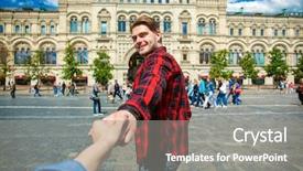  Presentation with follow us - Presentation theme consisting of follow me young happy guy background and a gray colored foreground