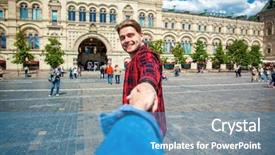  Presentation with follow us - Colorful presentation theme enhanced with follow me young happy guy backdrop and a teal colored foreground