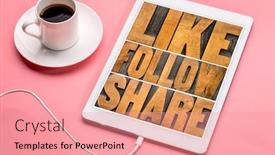  Presentation with digital printing - Audience pleasing PPT layouts consisting of follow share social media concept - word abstract in vintage letterpress wood type printing blocks on a digital tbalet with a cup of coffee backdrop and a coral colored foreground