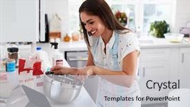  Presentation with millennial - Beautiful slide set featuring follow up - smiling millennial woman preparing cake backdrop and a light gray colored foreground