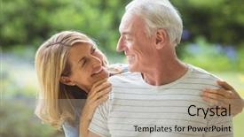  Presentation with active seniors senior couple - Slide deck consisting of fond - smiling senior couple embracing outdoors background and a coral colored foreground