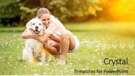  Presentation with golden woman - Presentation theme featuring fond - woman hugs and cuddles golden background and a yellow colored foreground